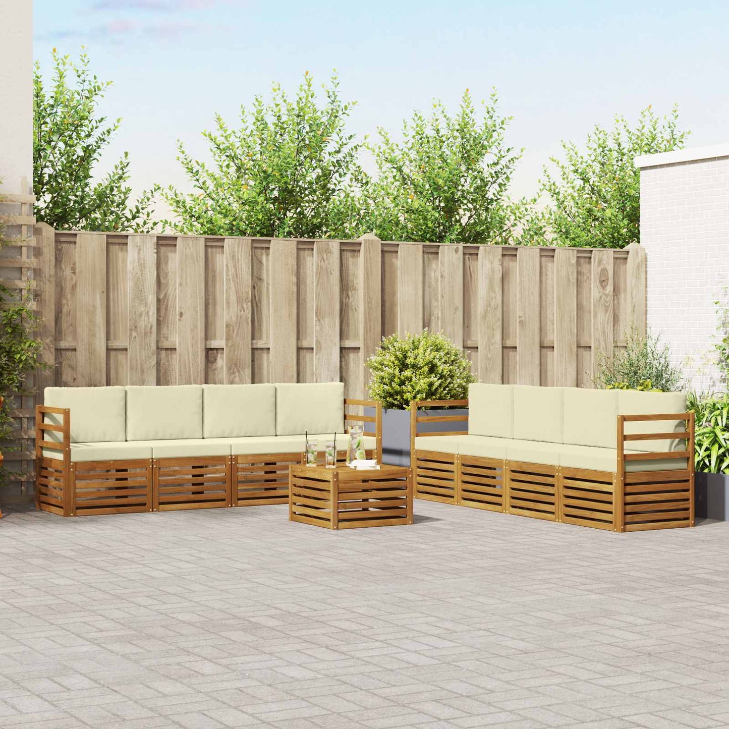 vidaXL Σετ Καναπέ 9 pcs Φυσικό και Κρέμα Στερεό Ξύλο Ακακίας