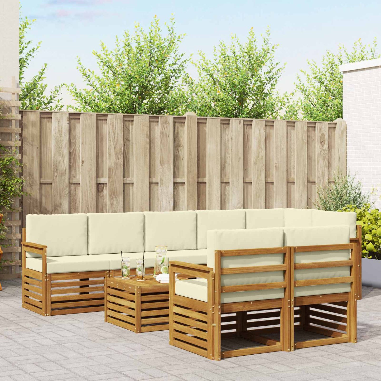 vidaXL Σετ Καναπέ 9 pcs Φυσικό και Κρέμα Στερεό Ξύλο Ακακίας