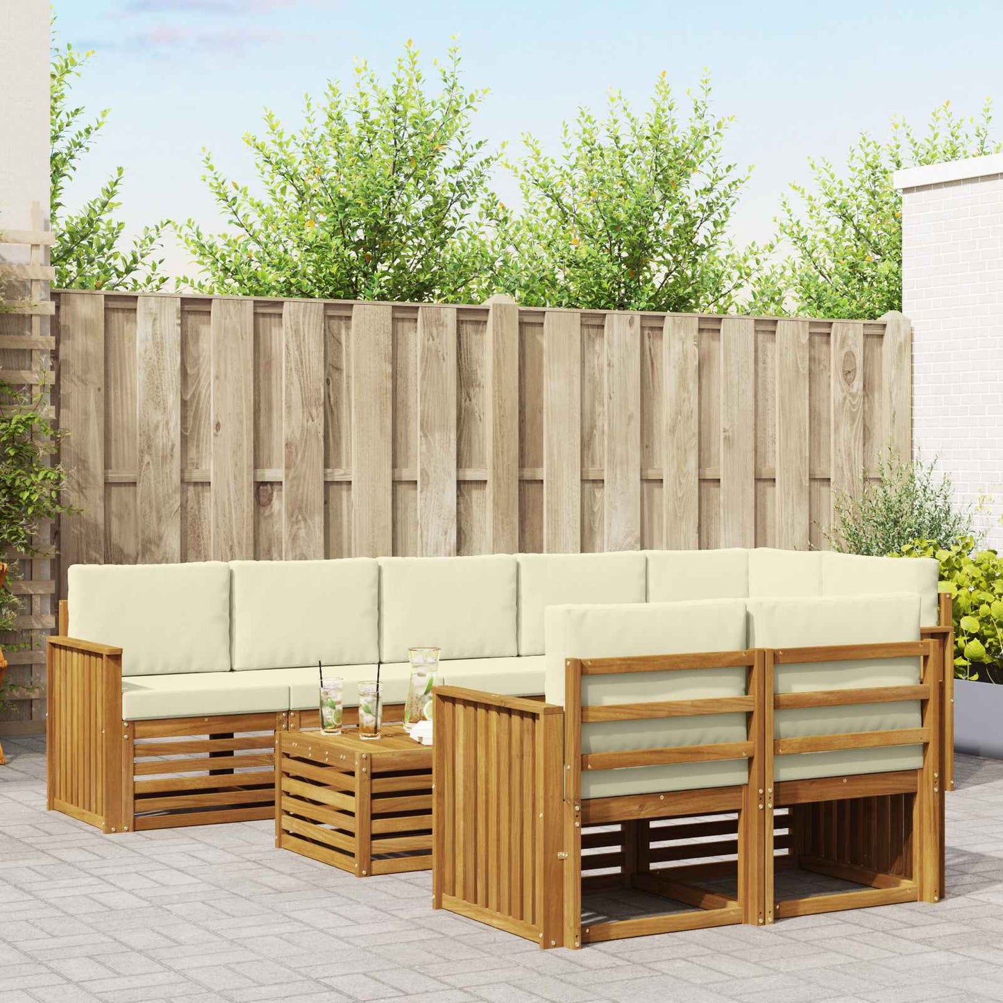 vidaXL Σετ Καναπέ 9 pcs Φυσικό και Κρέμα Στερεό Ξύλο Ακακίας
