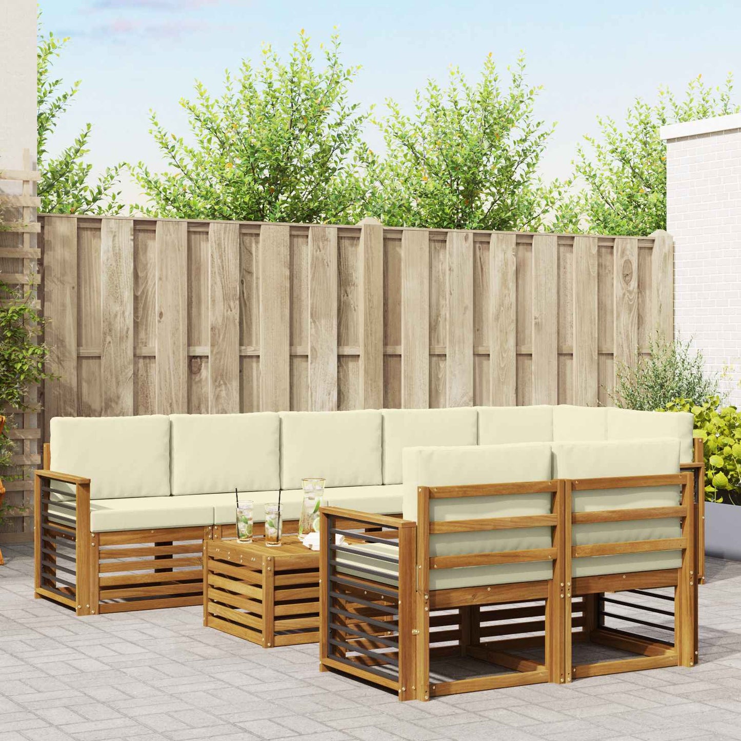 vidaXL Σετ Καναπέ 9 pcs Φυσικό και Κρέμα Στερεό Ξύλο Ακακίας