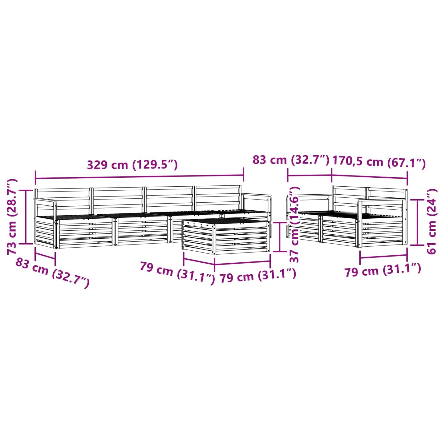 vidaXL Σειρά Καναπέ Εξωτερικού 7 pcs Φυσικό Στερεό Ξύλο Ακακίας