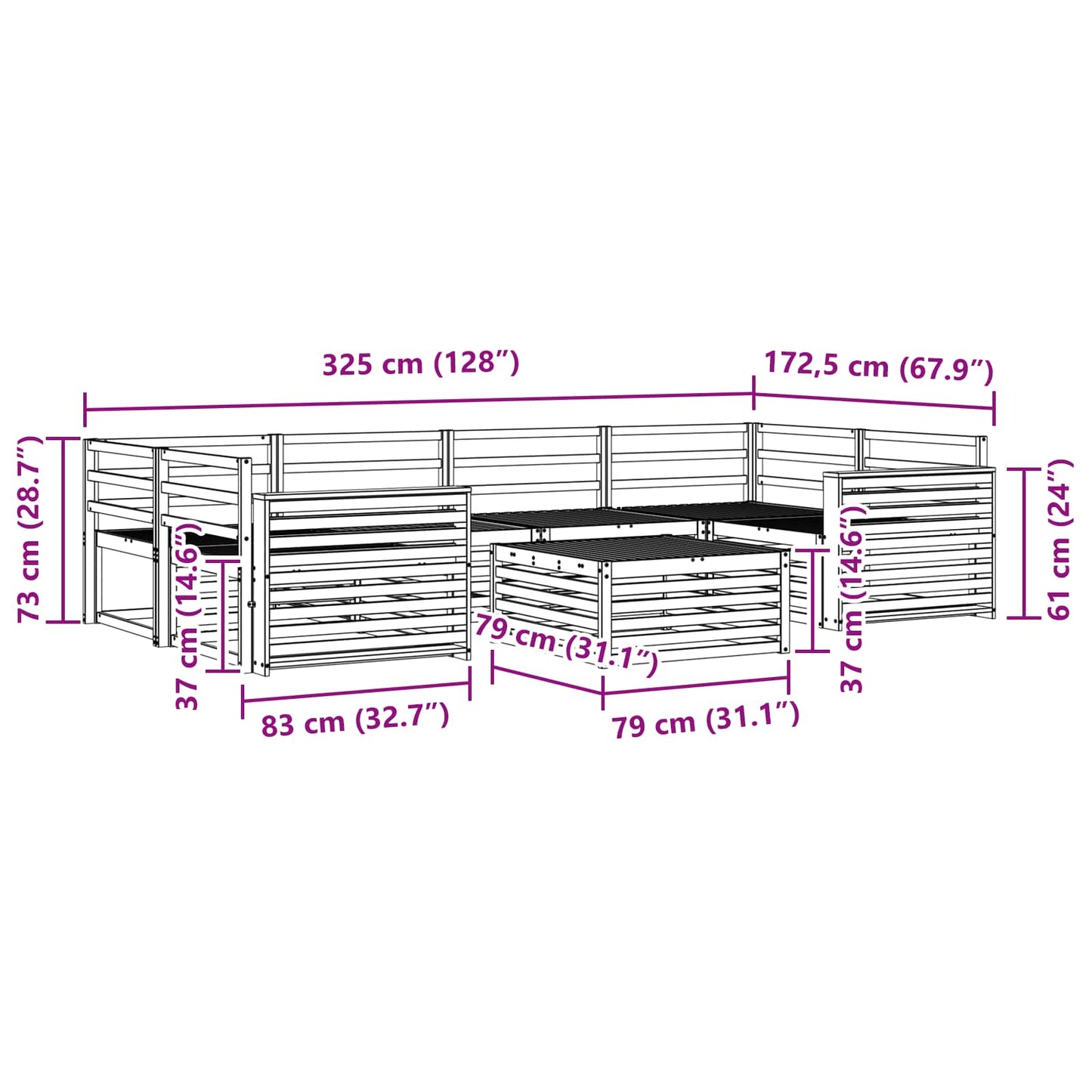 vidaXL Σειρά Καναπέ Εξωτερικού 7 pcs Φυσικό Στερεό Ξύλο Ακακίας