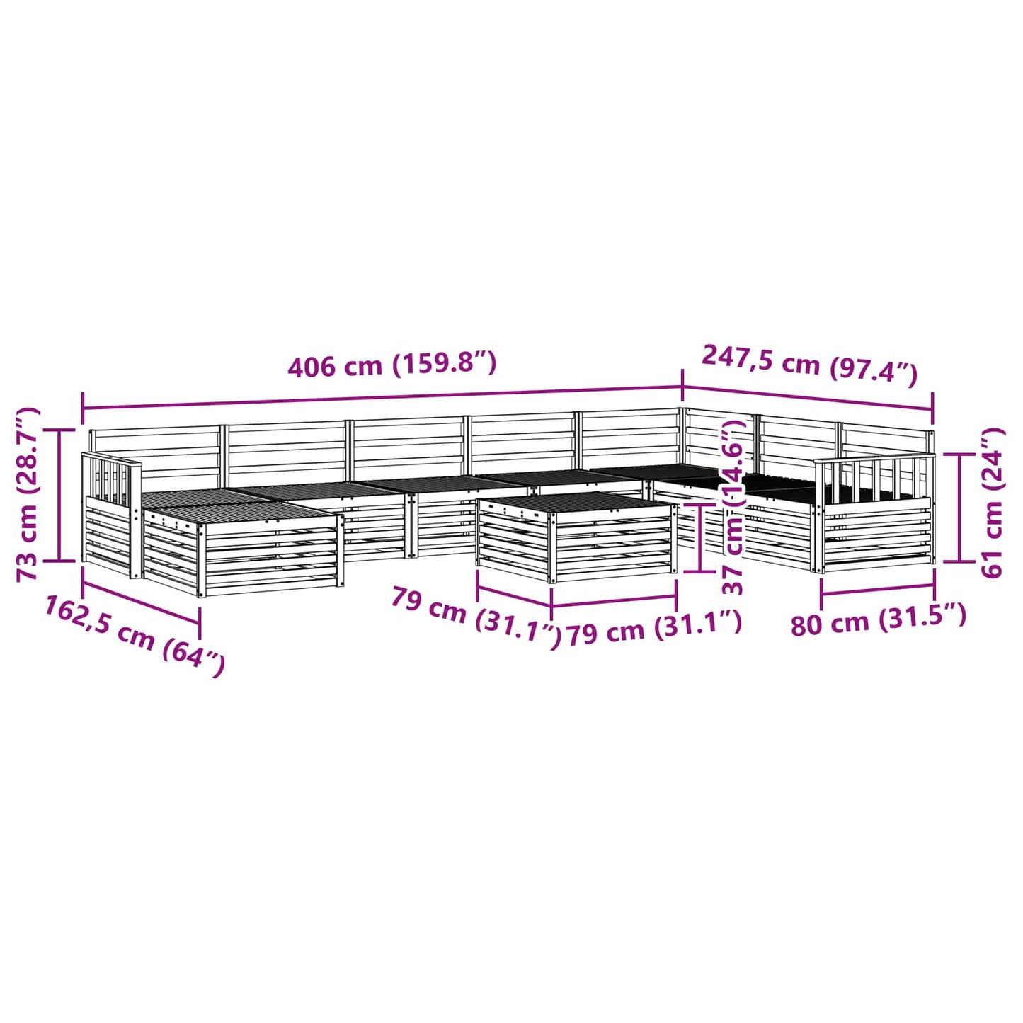 vidaXL Σειρά Καναπέ Εξωτερικού 9 pcs Φυσικό Στερεό Ξύλο Ακακίας