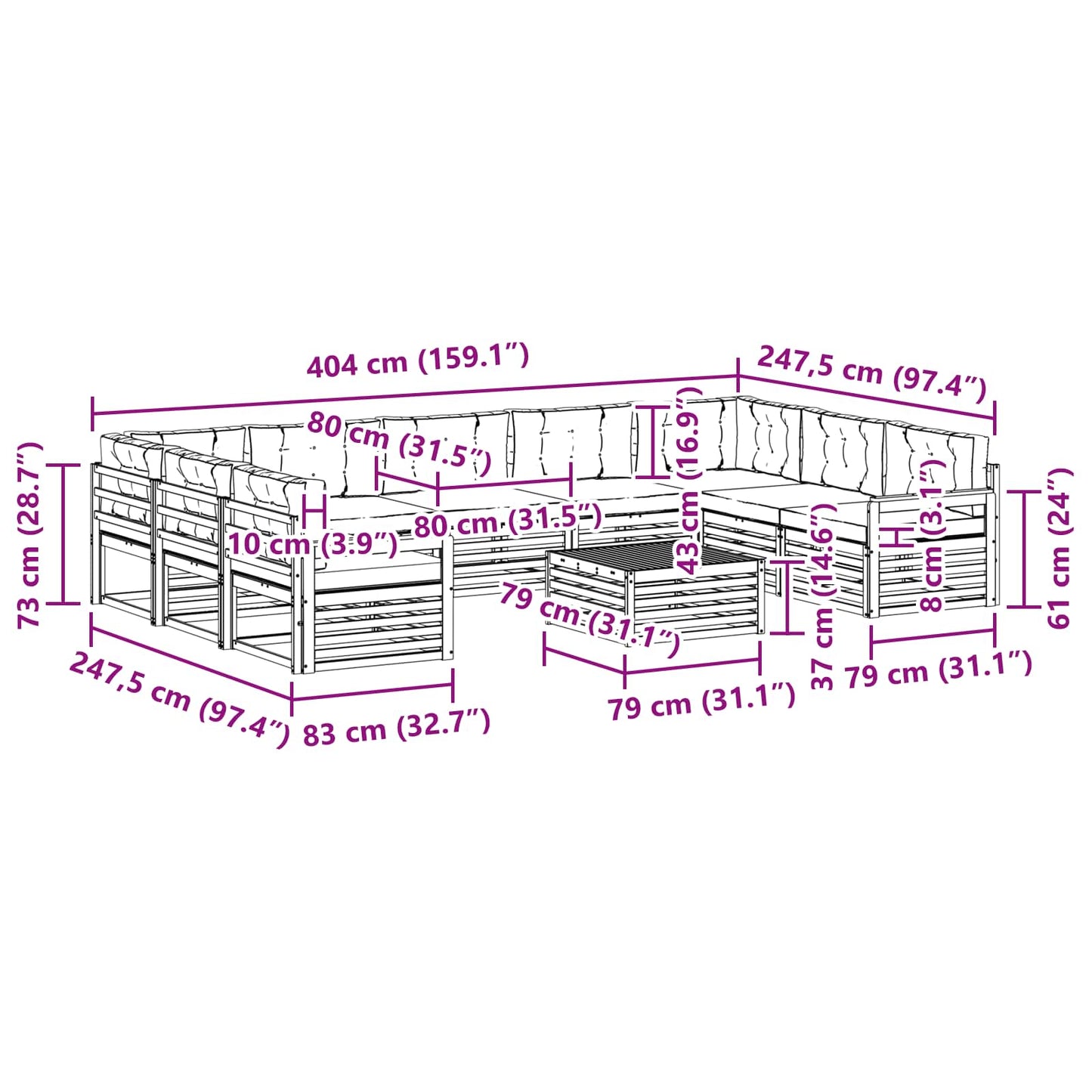 vidaXL Σειρά Καναπέ Εξωτερικού με μαξιλάρι 10 pcs Φυσικό και Μπεζ