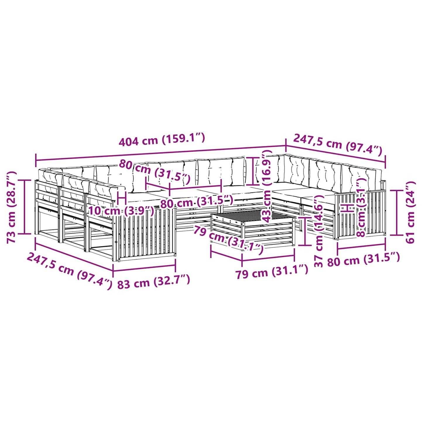 vidaXL Σειρά Καναπέ Εξωτερικού με μαξιλάρι 10 pcs Φυσικό και Κρέμα