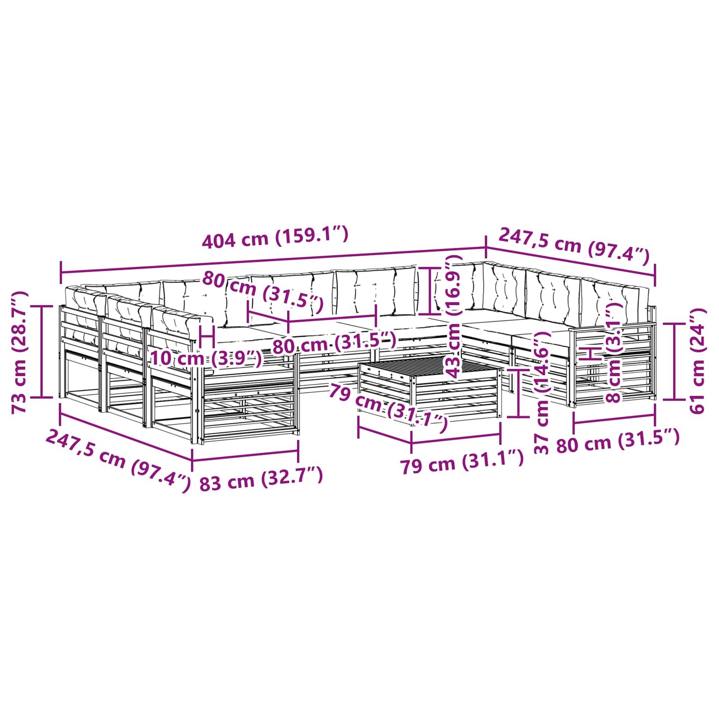 vidaXL Σειρά Καναπέ Εξωτερικού με μαξιλάρι 10 pcs Φυσικό και Κρέμα