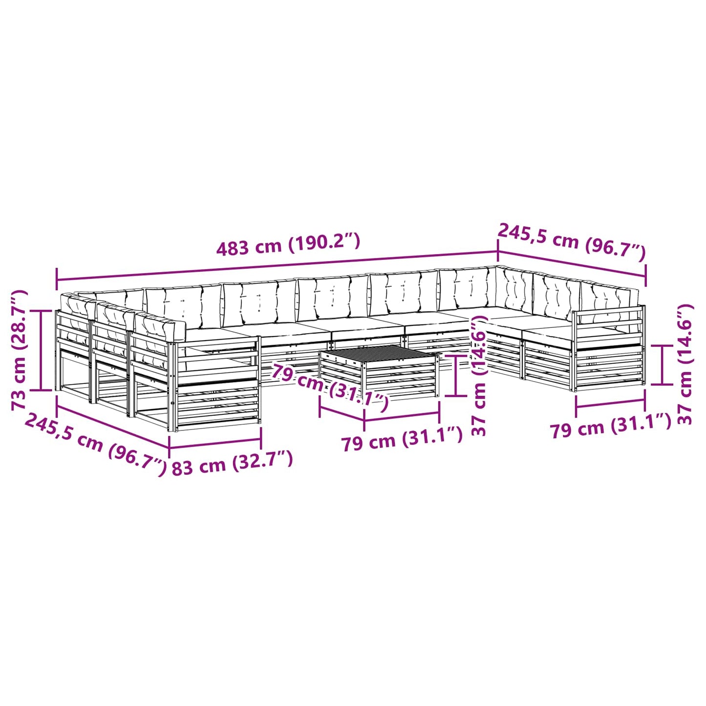 vidaXL Σετ Καναπέ 11 pcs Φυσικό και Κρέμα Στερεό Ξύλο Ακακίας
