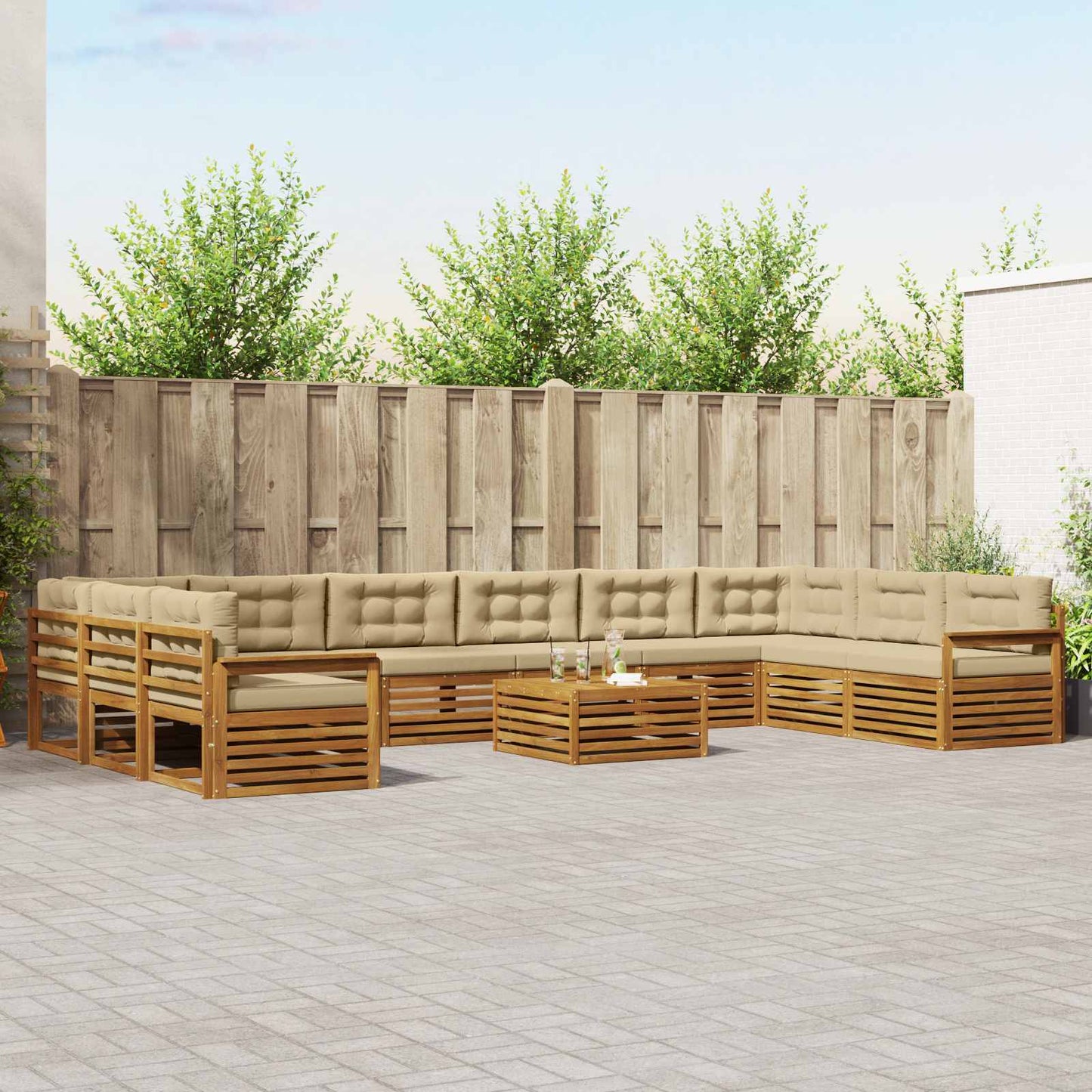 vidaXL Σετ Καναπέ 11 pcs Φυσικό και Μπεζ Στερεό Ξύλο Ακακίας