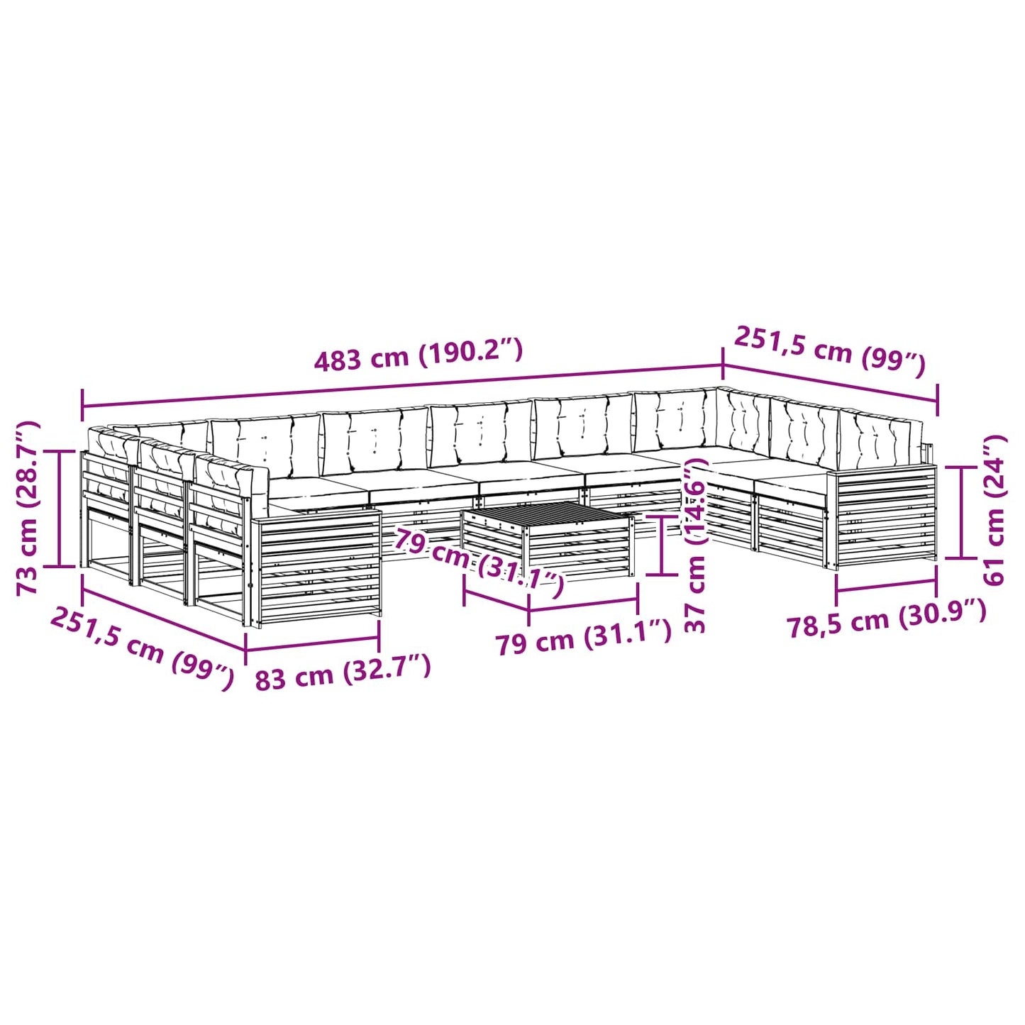 vidaXL Σετ Καναπέ 11 pcs Φυσικό και Κρέμα Στερεό Ξύλο Ακακίας