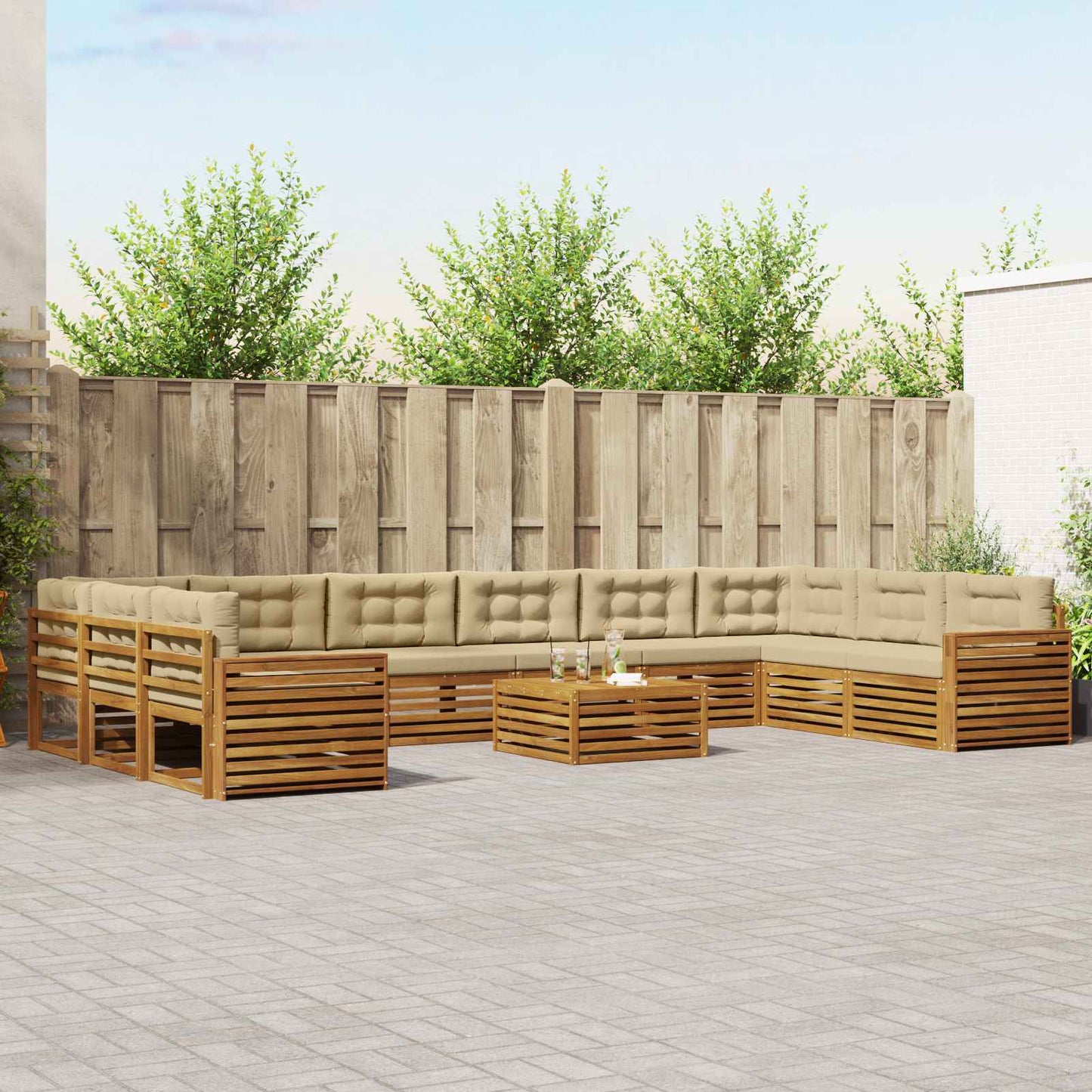 vidaXL Σετ Καναπέ 11 pcs Φυσικό και Μπεζ Στερεό Ξύλο Ακακίας