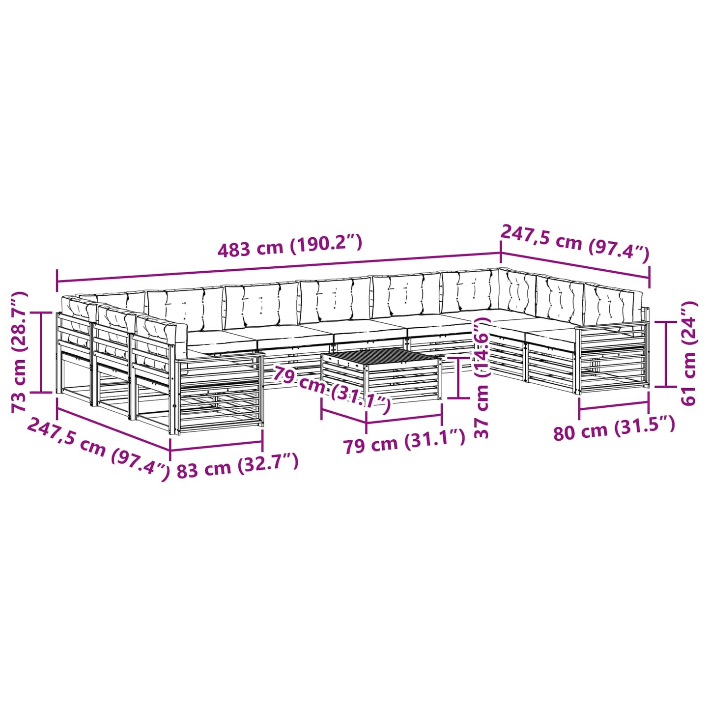 vidaXL Σετ Καναπέ 11 pcs Φυσικό και Κρέμα Στερεό Ξύλο Ακακίας