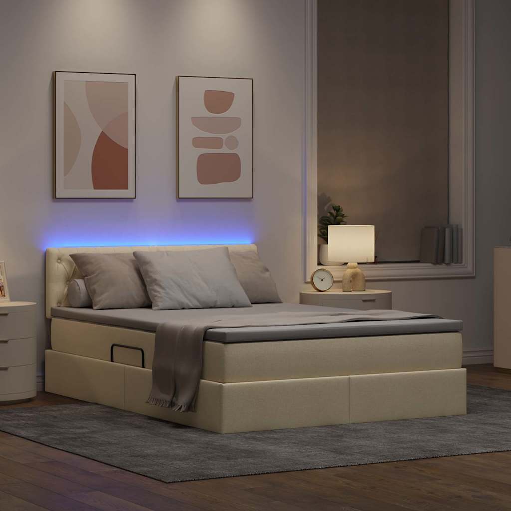 vidaXL LED Κρεβάτι αποθήκευσης με στρώμα Κρέμ 140 x 190 cm Ύφασμα