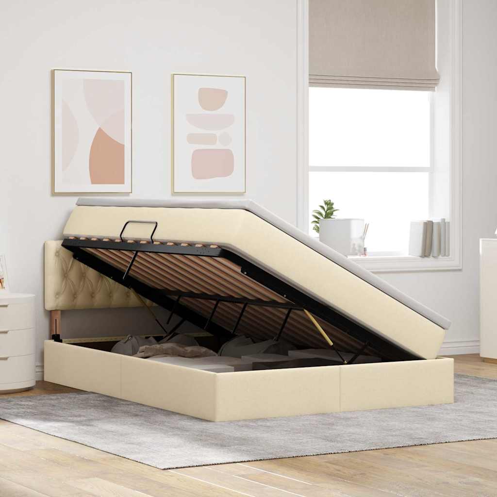 vidaXL LED Κρεβάτι αποθήκευσης με στρώμα Κρέμ 140 x 190 cm Ύφασμα