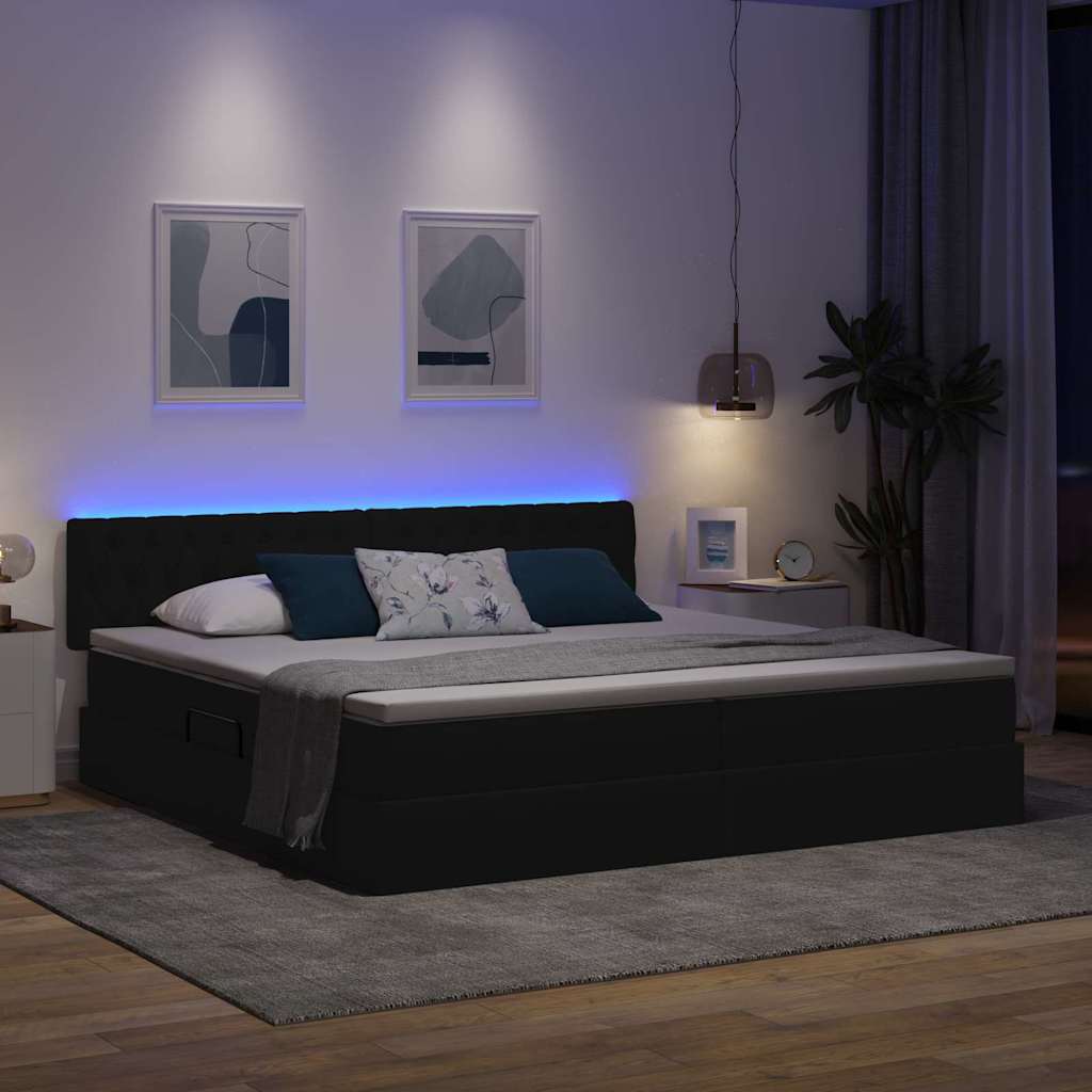 vidaXL LED Κρεβάτι αποθήκευσης με στρώμα Μαύρο 200 x 200 cm Ύφασμα