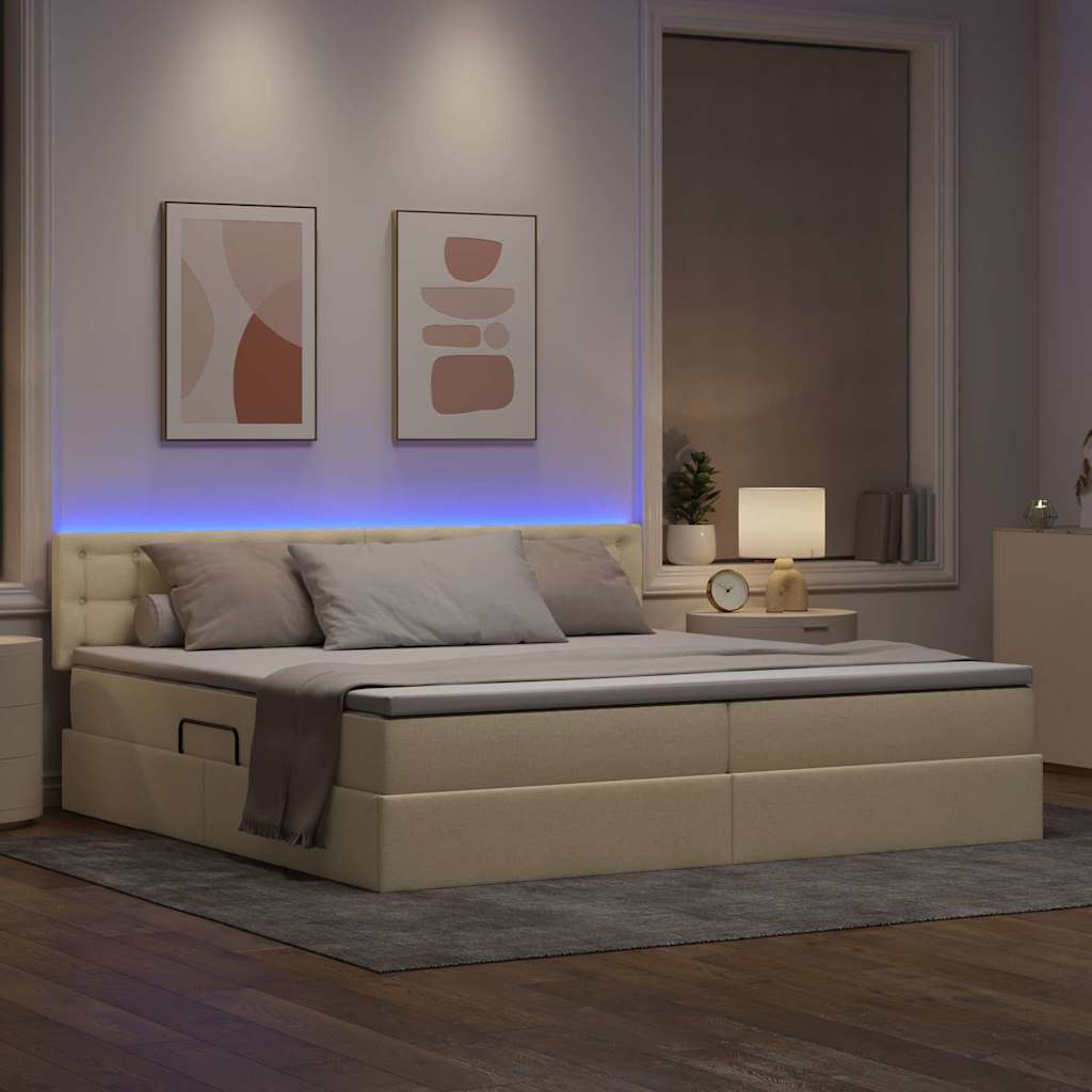 vidaXL LED Κρεβάτι αποθήκευσης με στρώμα Κρέμ 200 x 200 cm Ύφασμα