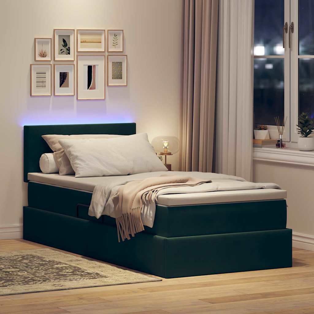 vidaXL LED Κρεβάτι αποθήκευσης με στρώμα Σκούρο Πράσινο 90 x 190 cm