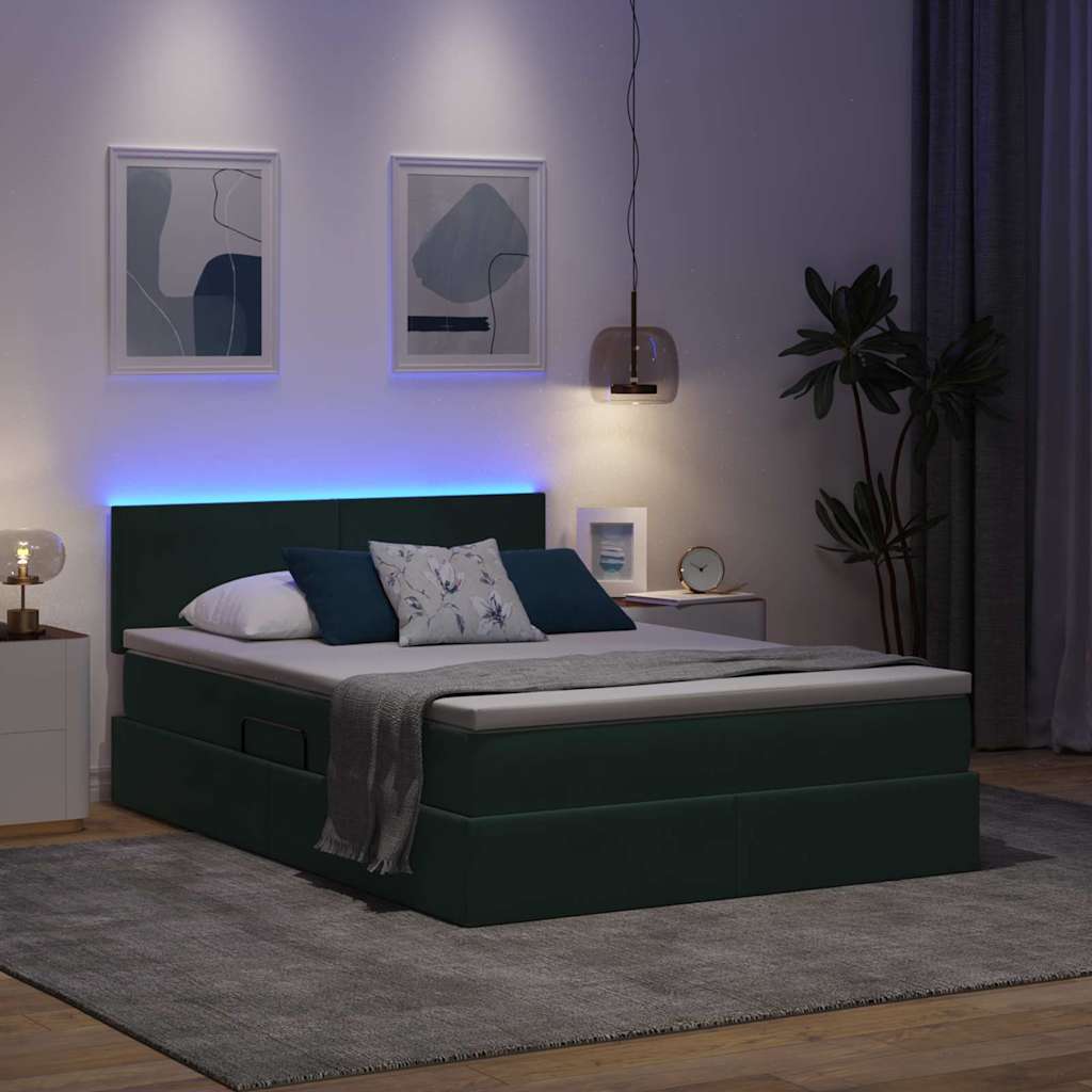 vidaXL LED Κρεβάτι αποθήκευσης με στρώμα Σκούρο Πράσινο 140 x 200 cm