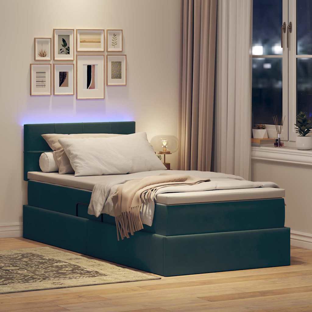 vidaXL LED Κρεβάτι αποθήκευσης με στρώμα Σκούρο Πράσινο 90 x 200 cm