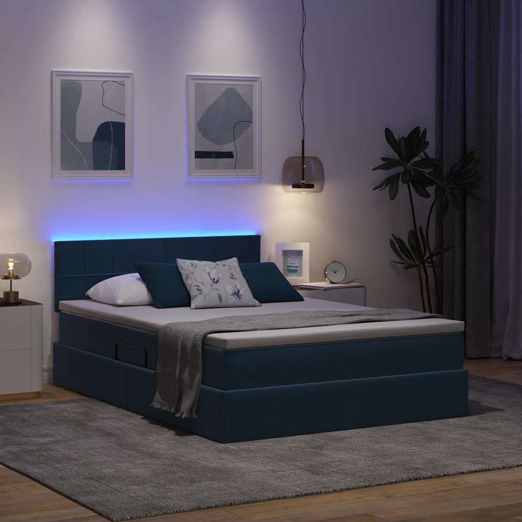 vidaXL LED Κρεβάτι αποθήκευσης με στρώμα Σκούρο Μπλε 140 x 200 cm