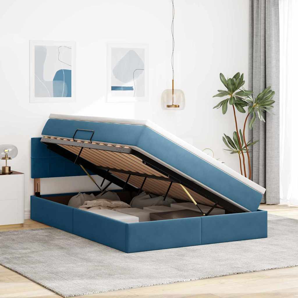vidaXL LED Κρεβάτι αποθήκευσης με στρώμα Σκούρο Μπλε 140 x 200 cm