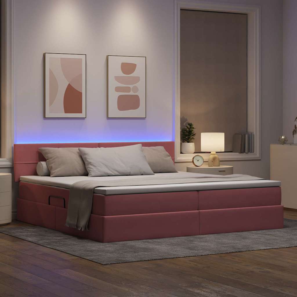 vidaXL LED Κρεβάτι αποθήκευσης με στρώμα Ροζ 200 x 200 cm Βελούδο