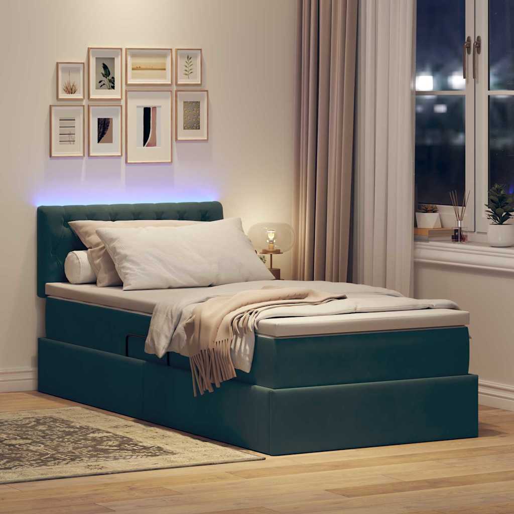 vidaXL LED Κρεβάτι αποθήκευσης με στρώμα Σκούρο Πράσινο 90 x 190 cm
