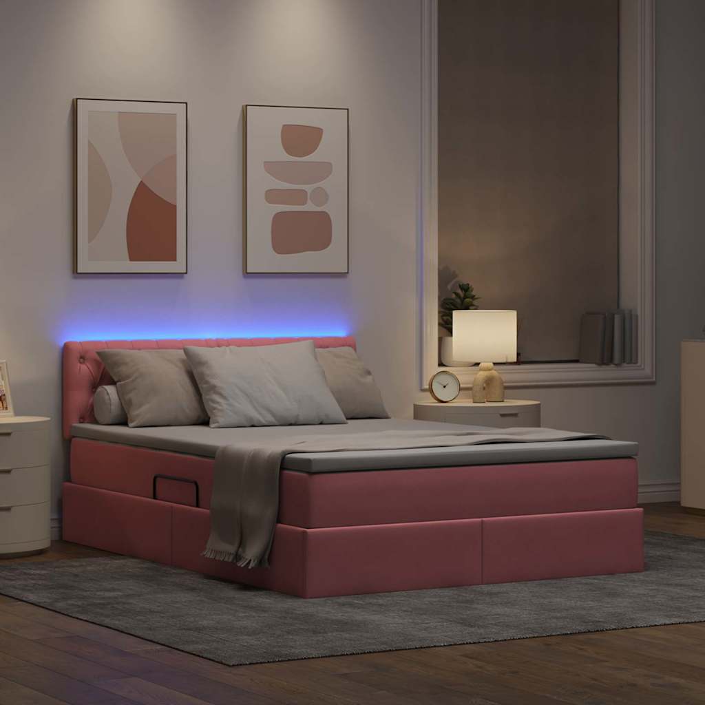 vidaXL LED Κρεβάτι αποθήκευσης με στρώμα Ροζ 140 x 200 cm Βελούδο