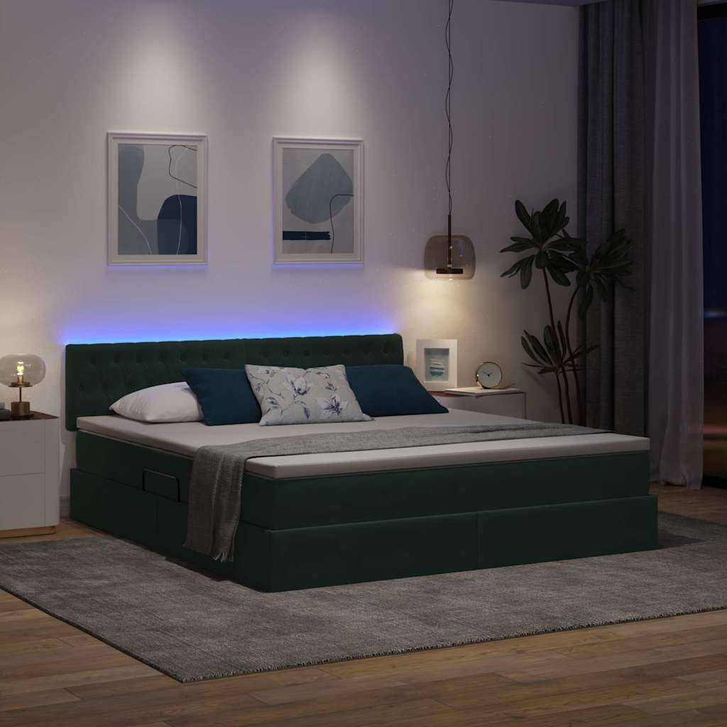 vidaXL LED Κρεβάτι αποθήκευσης με στρώμα Σκούρο Πράσινο 180 x 200 cm
