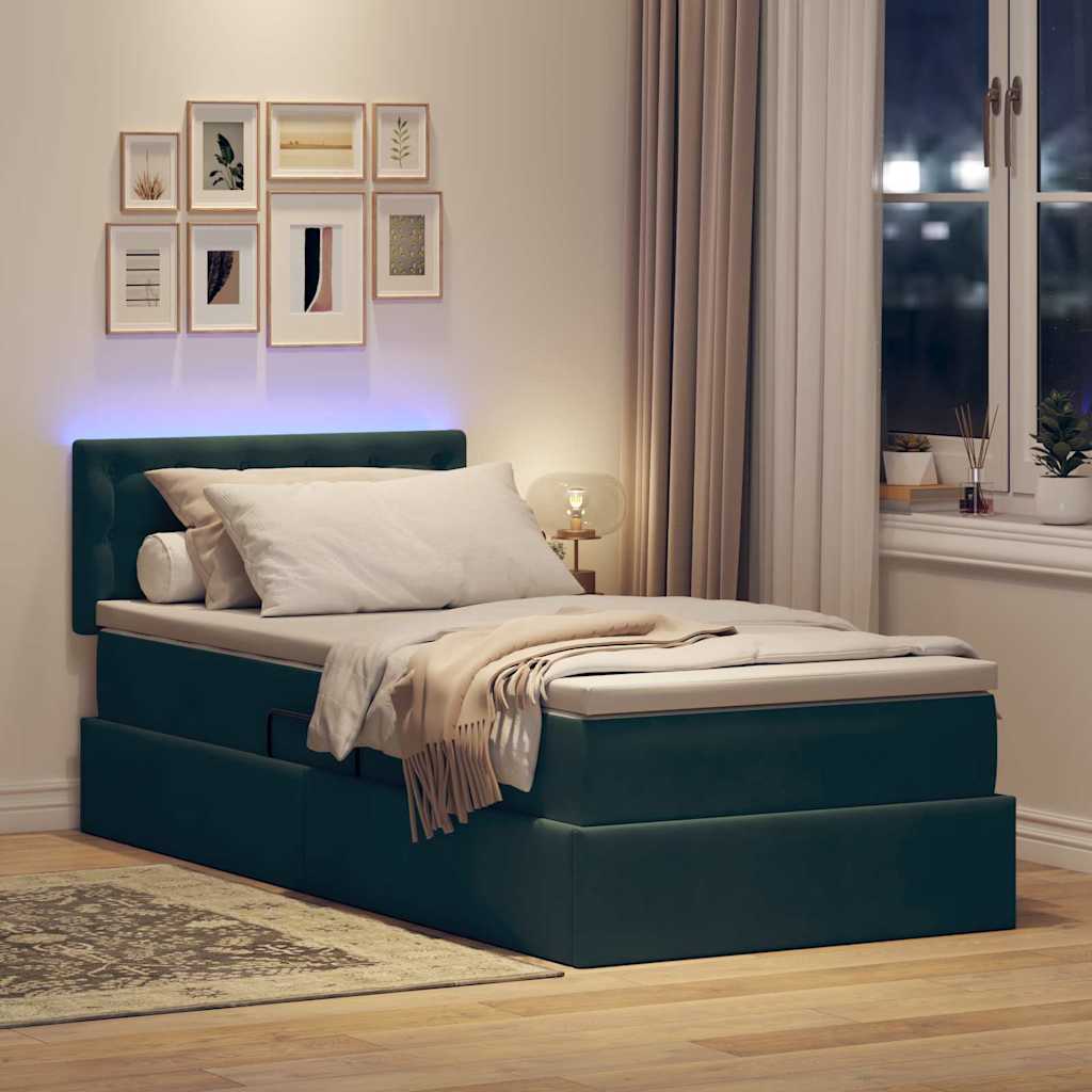 vidaXL LED Κρεβάτι αποθήκευσης με στρώμα Σκούρο Πράσινο 90 x 190 cm