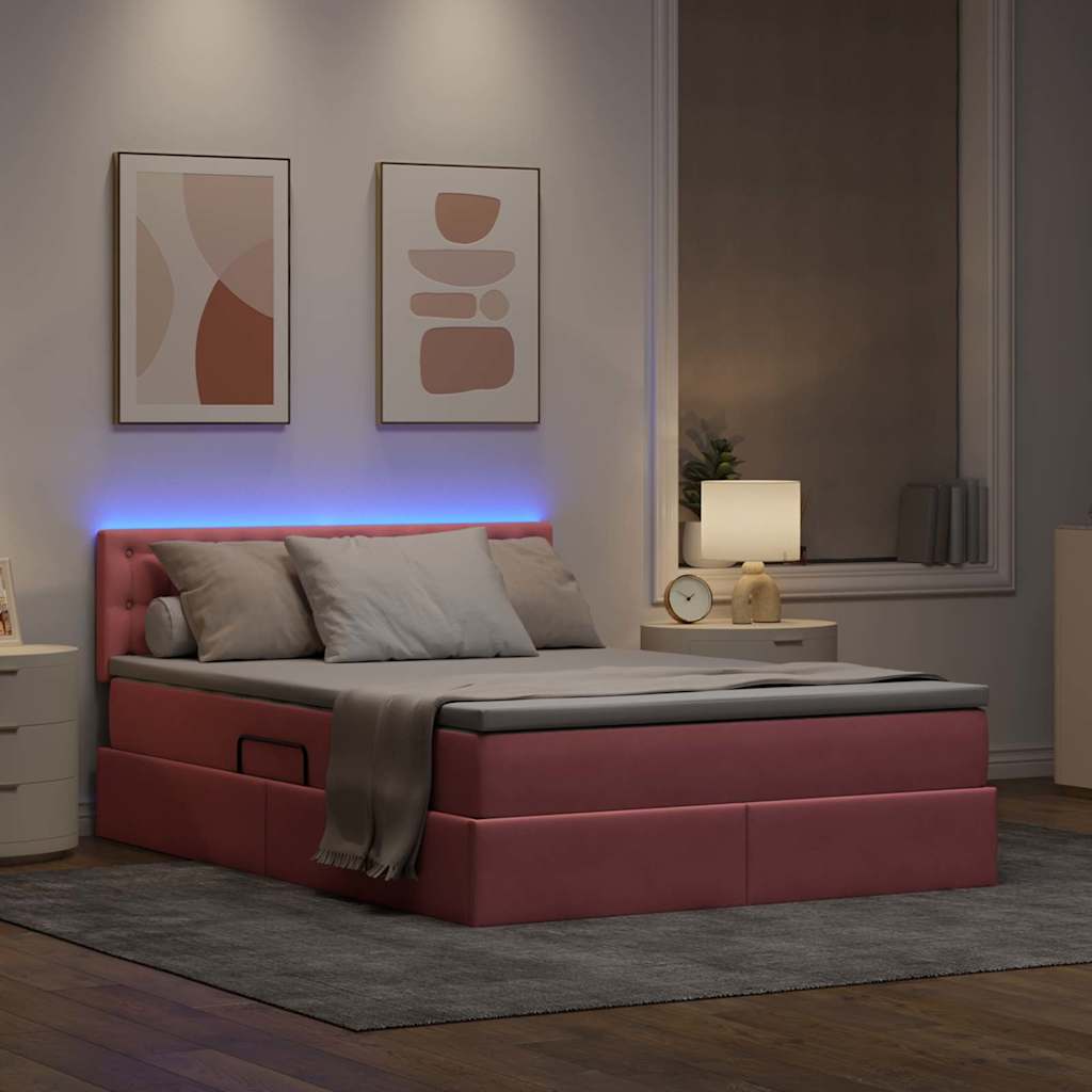 vidaXL Κρεβάτι με αποθηκευτικό χώρο και LED Ροζ 140 x 190 cm Βελούδο