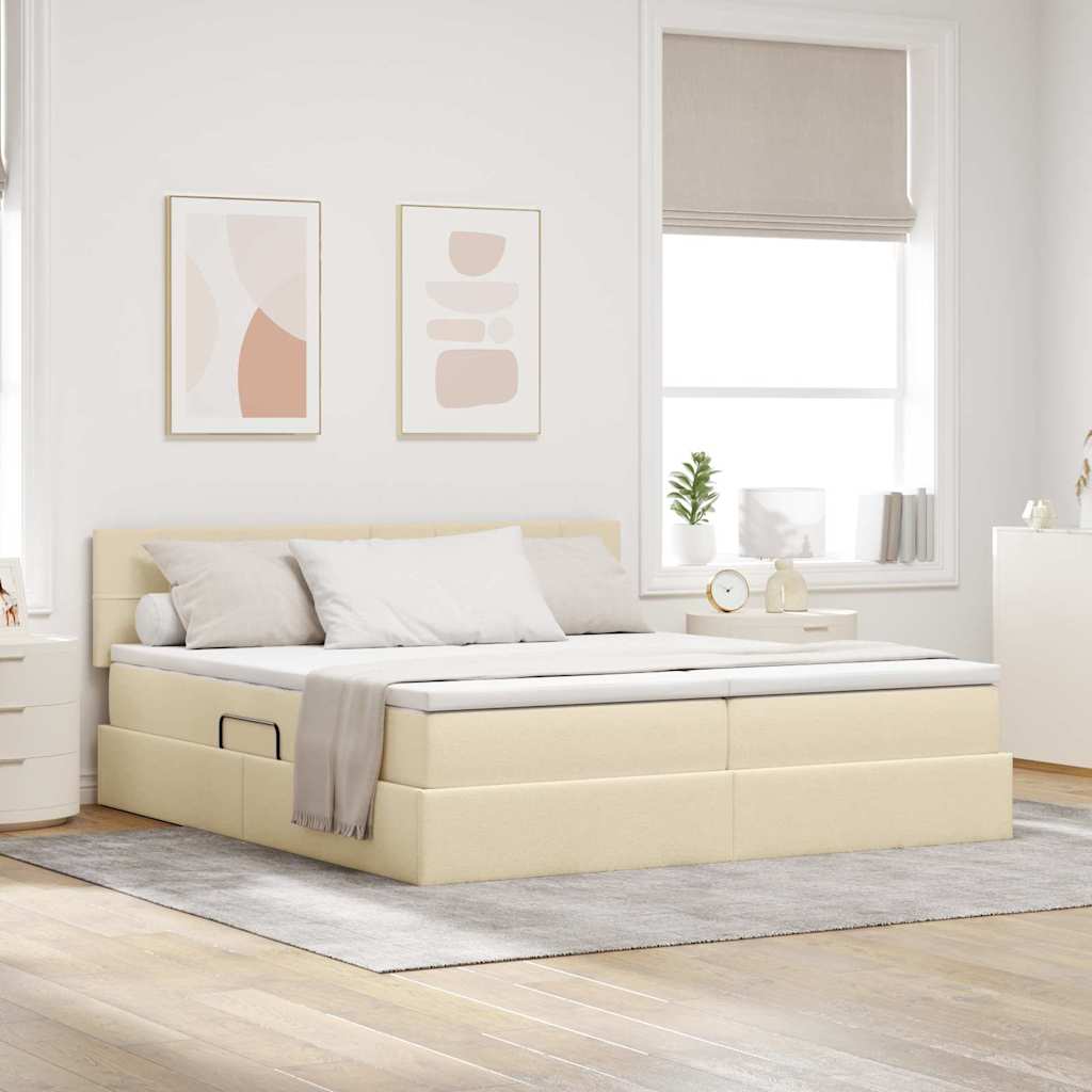 vidaXL LED Κρεβάτι αποθήκευσης με στρώμα Κρέμ 200 x 200 cm Ύφασμα