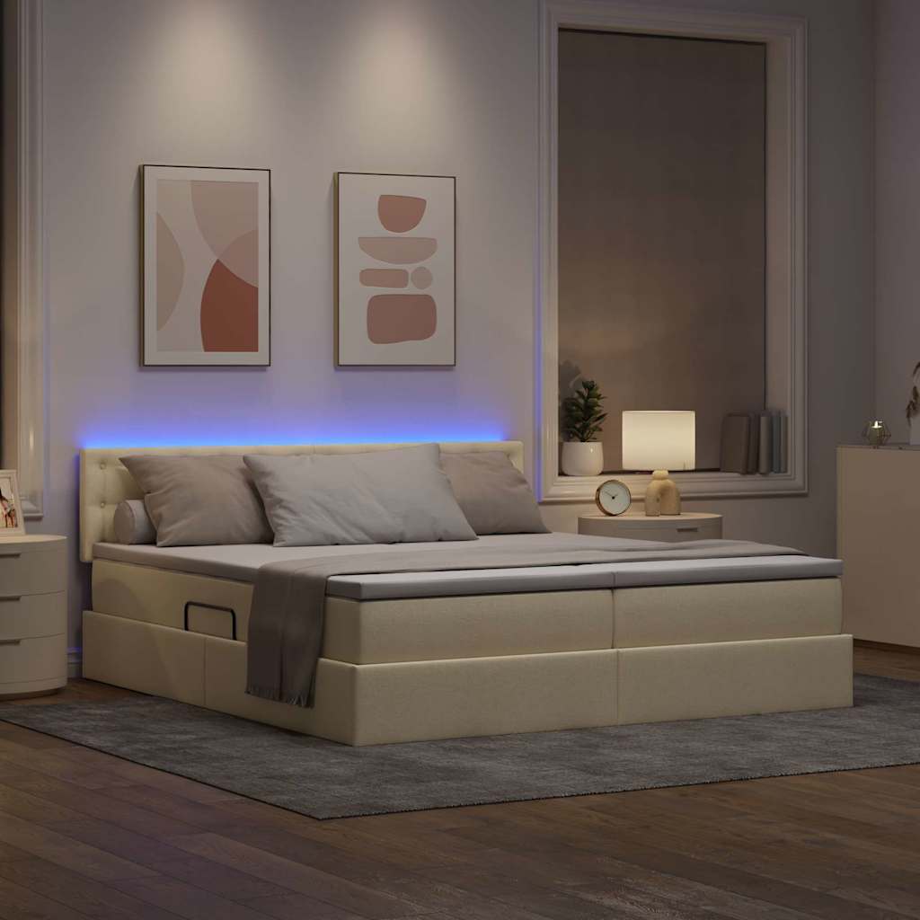 vidaXL LED Κρεβάτι αποθήκευσης με στρώμα Κρέμ 200 x 200 cm Ύφασμα