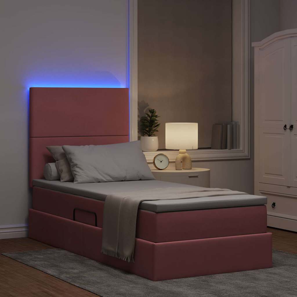 vidaXL Κρεβάτι με αποθηκευτικό χώρο και LED Ροζ 90 x 200 cm Βελούδο