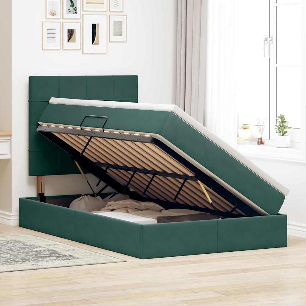 vidaXL Κρεβάτι με αποθηκευτικό χώρο και LED Σκούρο Πράσινο Βελούδο