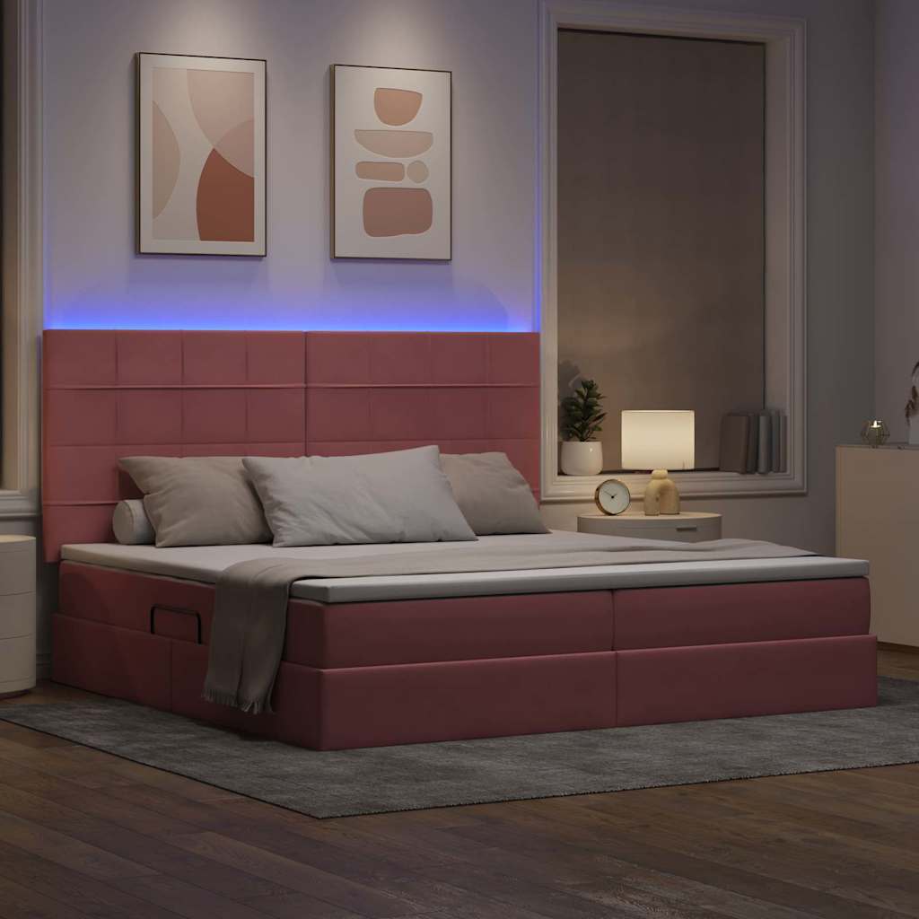 vidaXL Κρεβάτι με αποθηκευτικό χώρο και LED Ροζ 200 x 200 cm Βελούδο