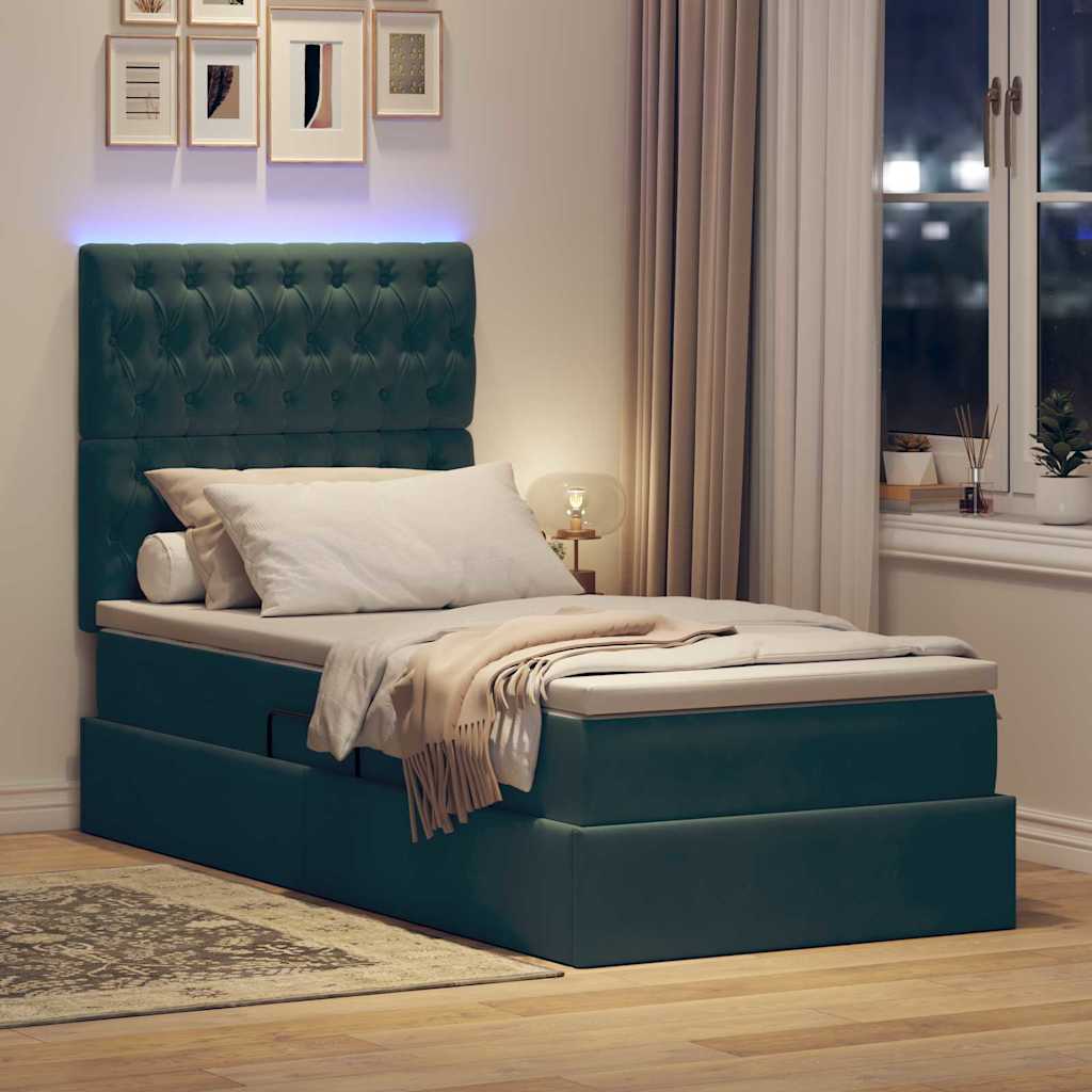 vidaXL LED Κρεβάτι αποθήκευσης με στρώμα Σκούρο Πράσινο 90 x 190 cm