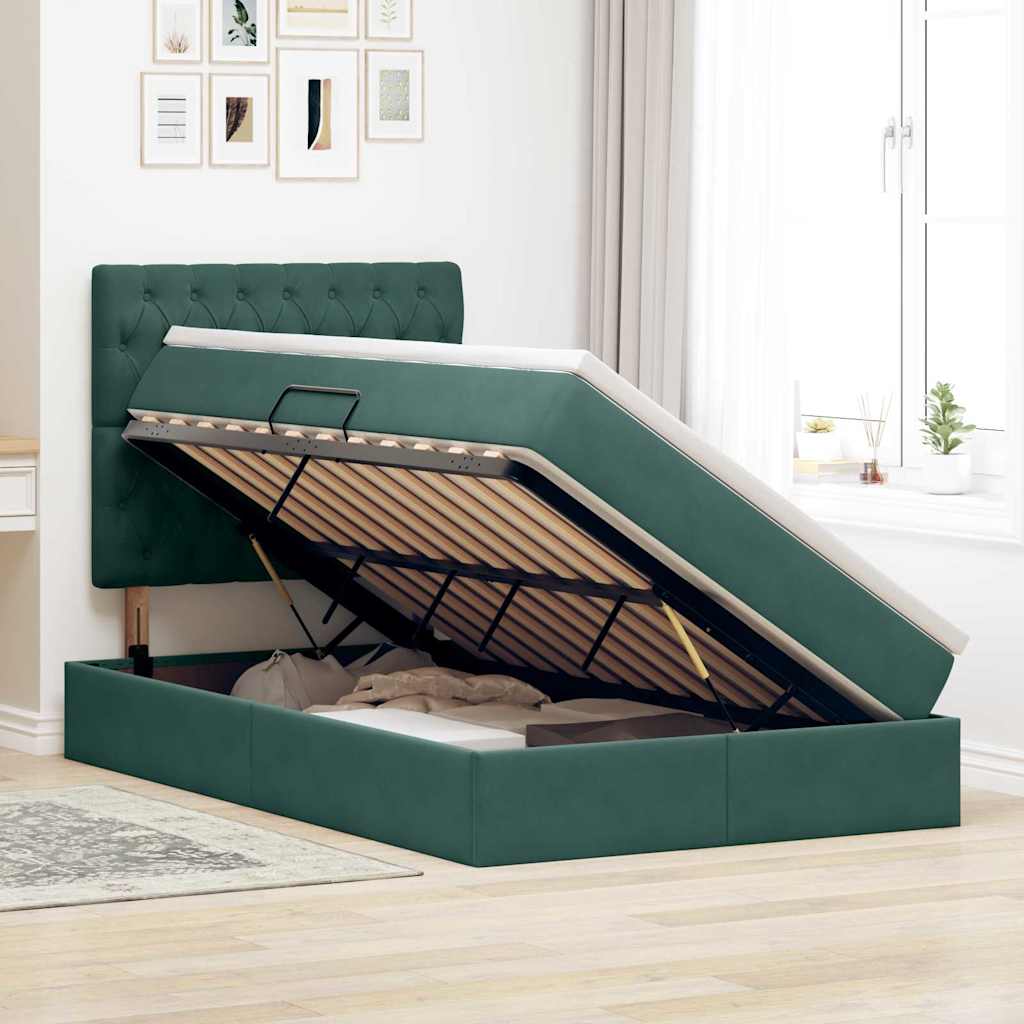 vidaXL Κρεβάτι με αποθηκευτικό χώρο και LED Σκούρο Πράσινο Βελούδο