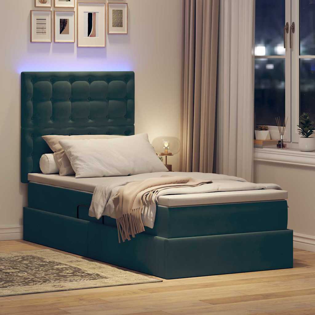vidaXL LED Κρεβάτι αποθήκευσης με στρώμα Σκούρο Πράσινο 90 x 190 cm