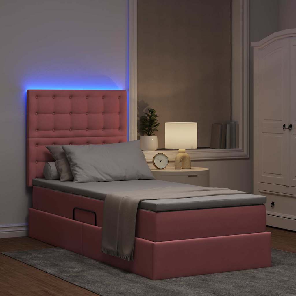 vidaXL Κρεβάτι με αποθηκευτικό χώρο και LED Ροζ 90 x 190 cm Βελούδο