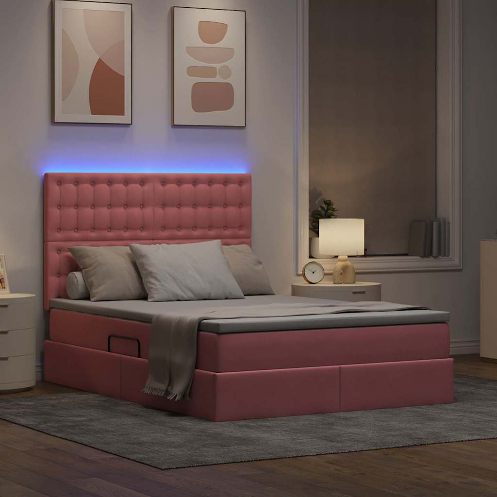 vidaXL LED Κρεβάτι αποθήκευσης με στρώμα Ροζ 140 x 190 cm Βελούδο