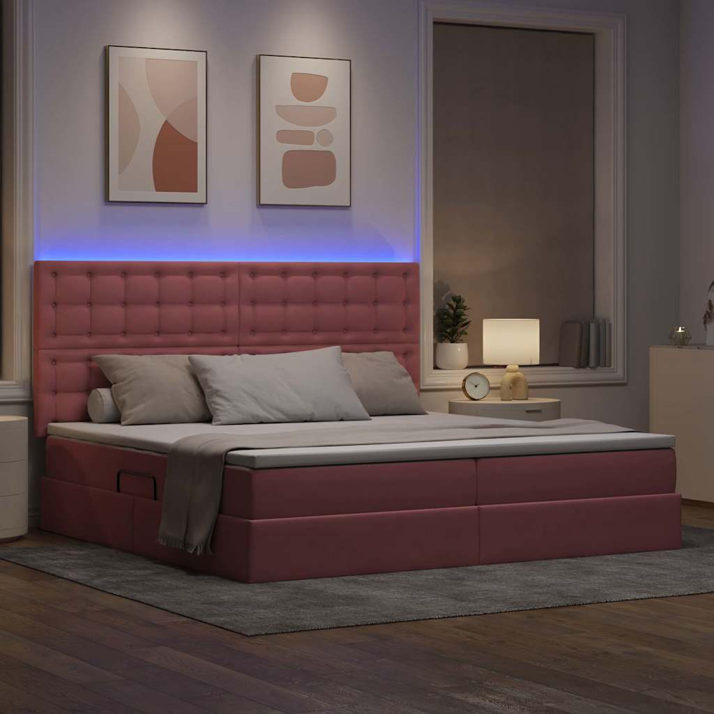 vidaXL Κρεβάτι με αποθηκευτικό χώρο και LED Ροζ 200 x 200 cm Βελούδο