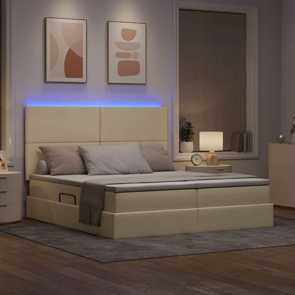 vidaXL LED Κρεβάτι αποθήκευσης με στρώμα Κρέμ 200 x 200 cm Ύφασμα
