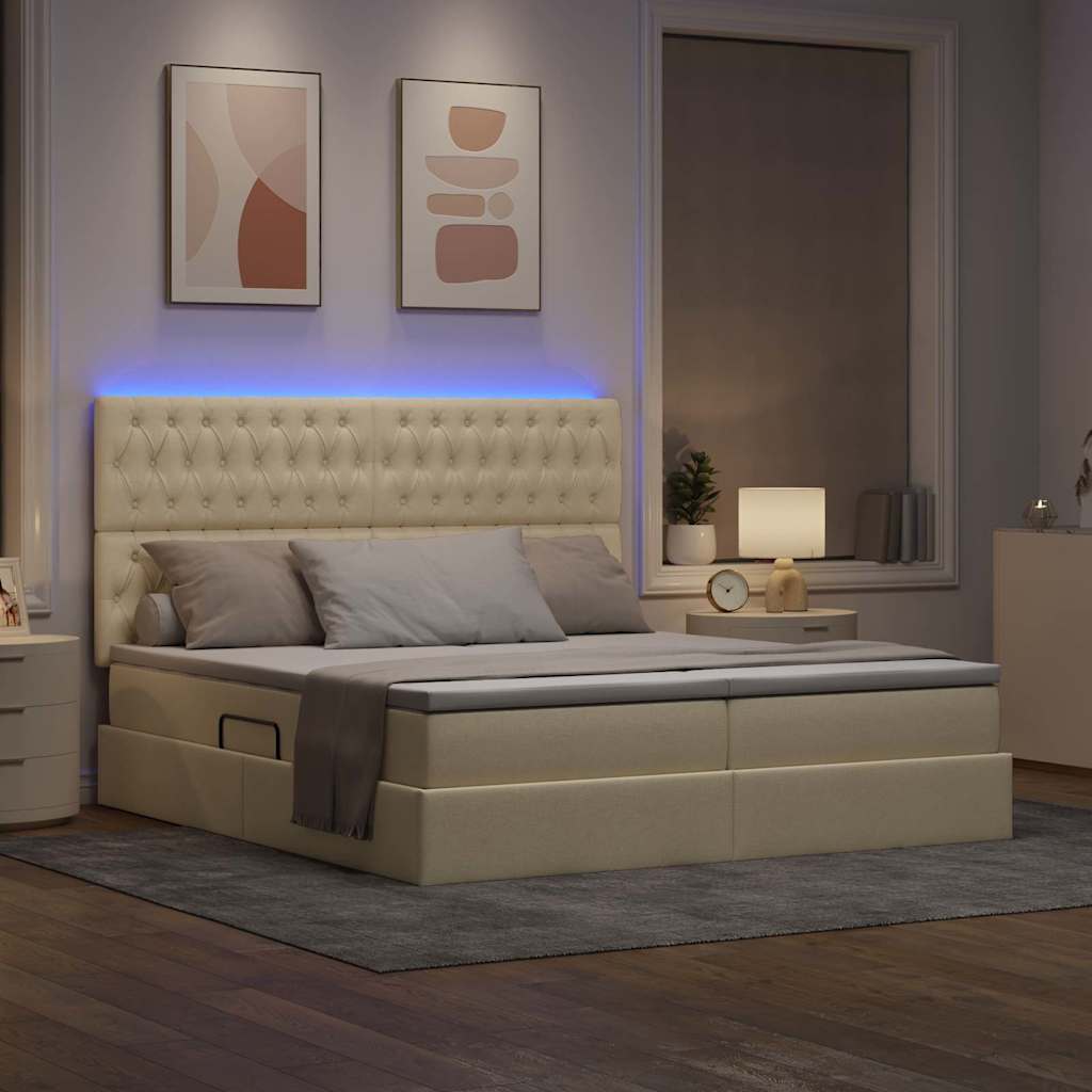 vidaXL LED Κρεβάτι αποθήκευσης με στρώμα Κρέμ 200 x 200 cm Ύφασμα