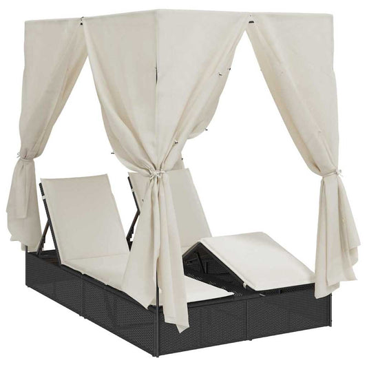 vidaXL Διπλή ξαπλώστρα με οροφή Μαύρο 205 x 129 x 200 εκ PE ρατάν