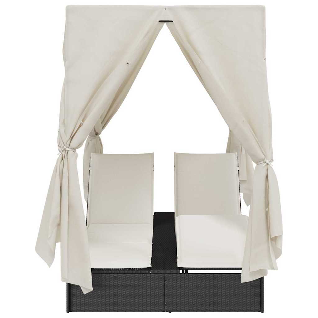 vidaXL Διπλή ξαπλώστρα με οροφή Μαύρο 205 x 129 x 200 εκ PE ρατάν