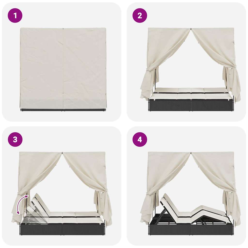 vidaXL Διπλή ξαπλώστρα με οροφή Μαύρο 205 x 129 x 200 εκ PE ρατάν