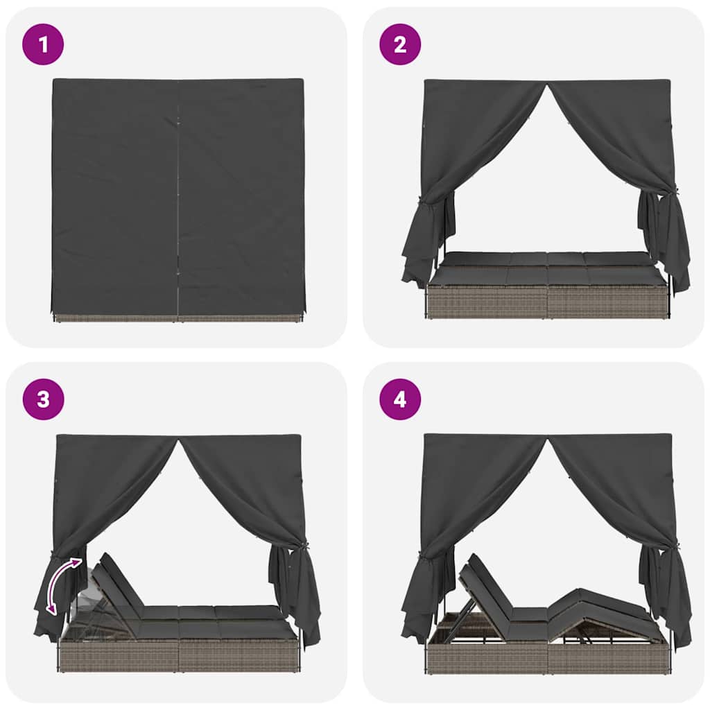 vidaXL Διπλή ξαπλώστρα με οροφή Γκρι 205 x 129 x 200 εκ PE ρατάν