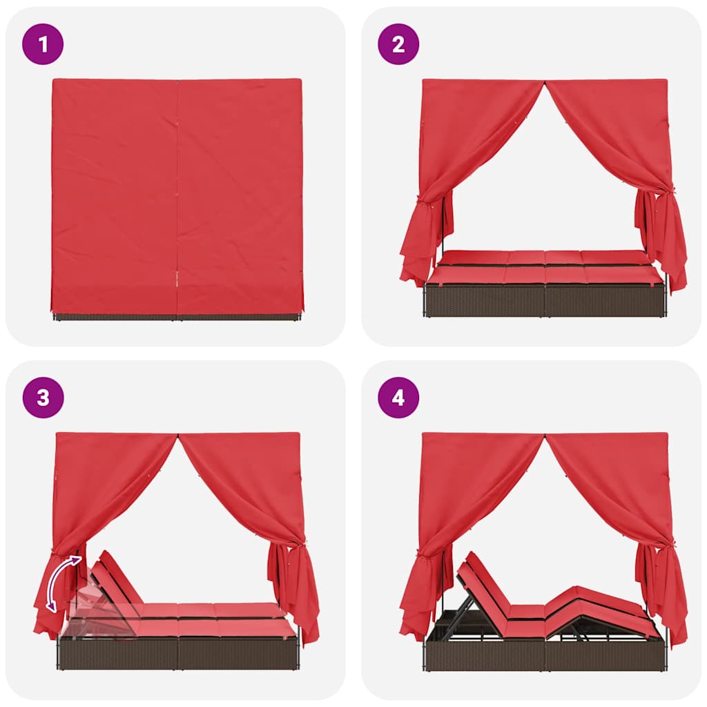 vidaXL Διπλή ξαπλώστρα με οροφή Καφέ 205 x 129 x 200 εκ PE ρατάν