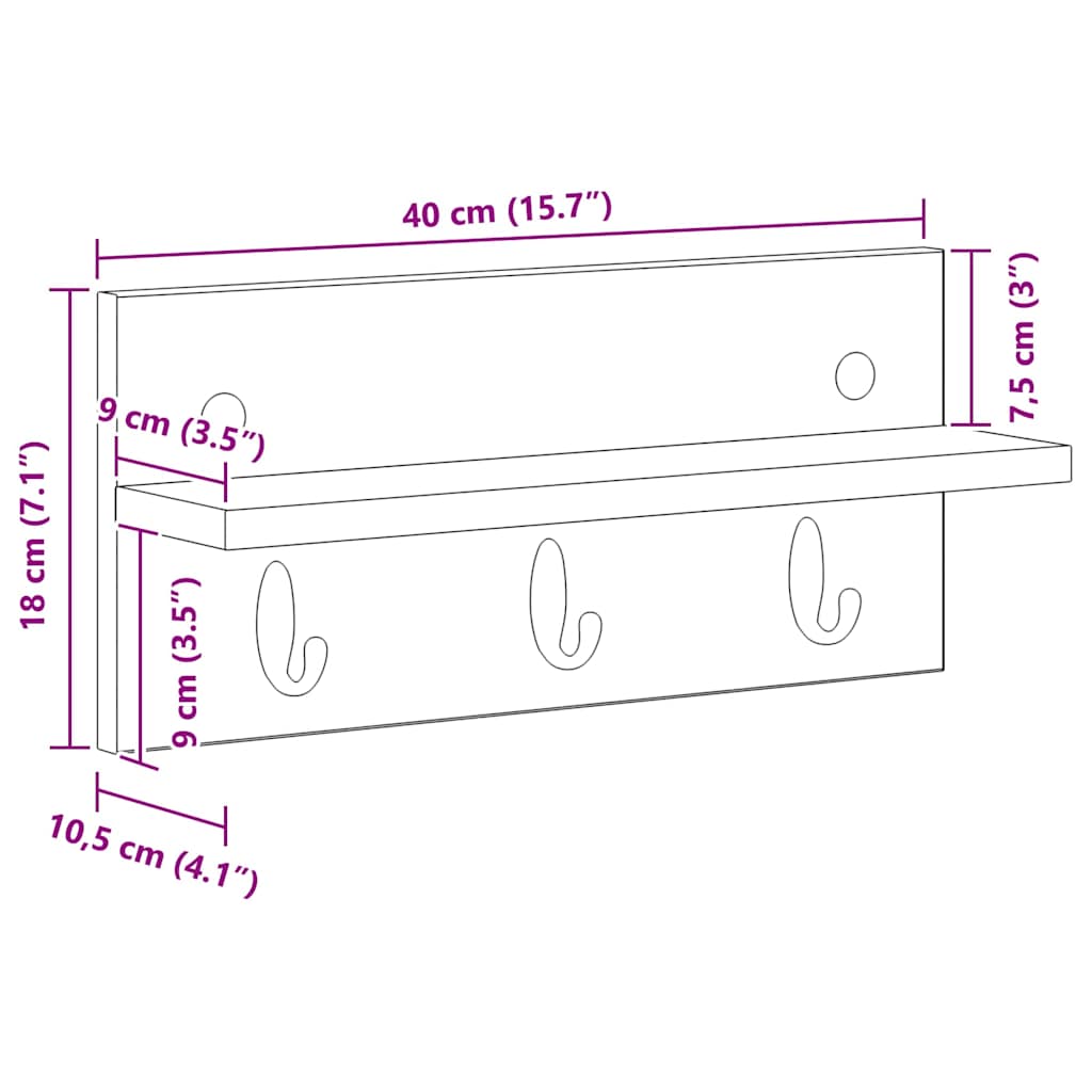 vidaXL Τοίχου Κρεμάστρα Επιτοίχιο Μαύρη Οξυά 40 x 10,5 x 18 εκ