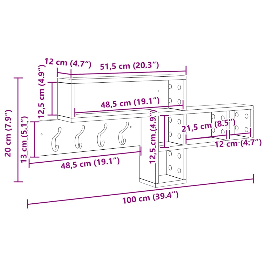 vidaXL Τοίχου Κρεμάστρα Επιτοίχιο Παλιό ξύλο 100 x 12 x 43,5 εκ